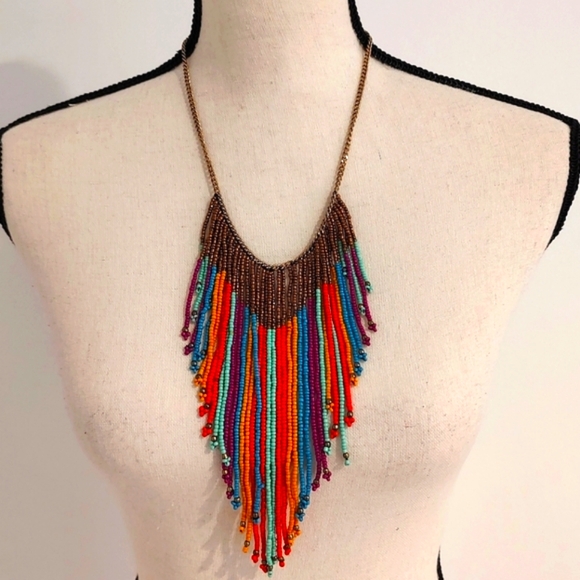 Vintage Jewelry - Necklace Boho Rainbow Beaded Chevron Drop